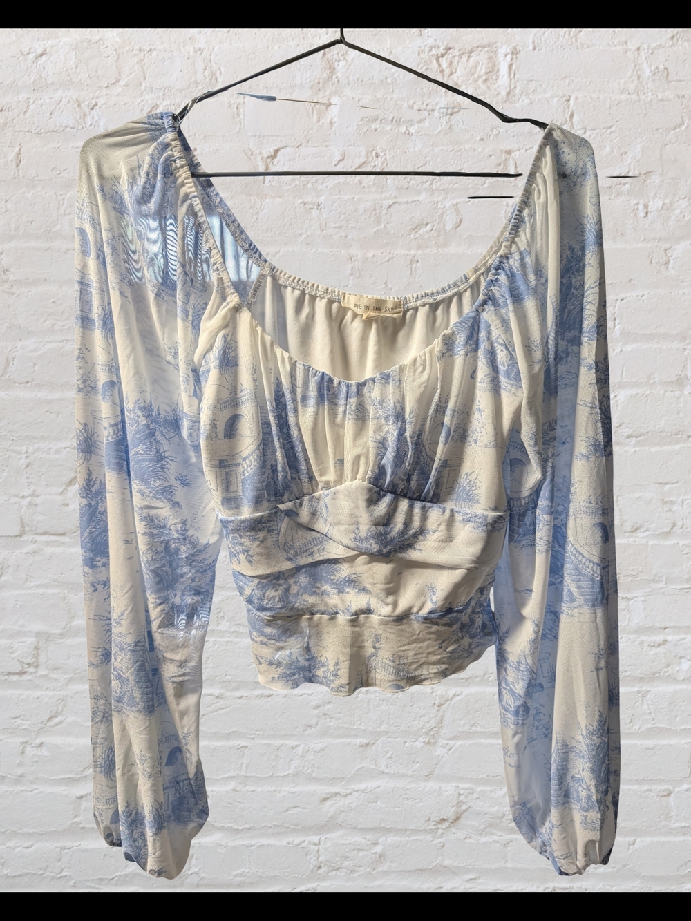 Light Blue & Cream Printed Long-Sleeve Crop Top